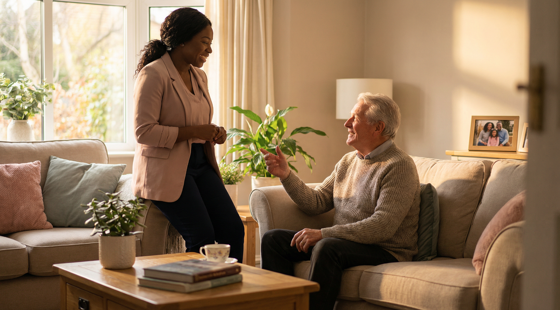 Caregiver with elderly client at home